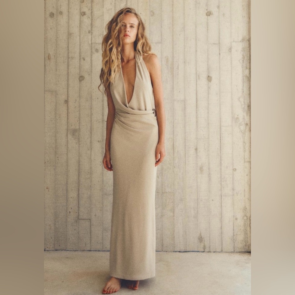 Zara Beige Backless Halter Maxi Dress